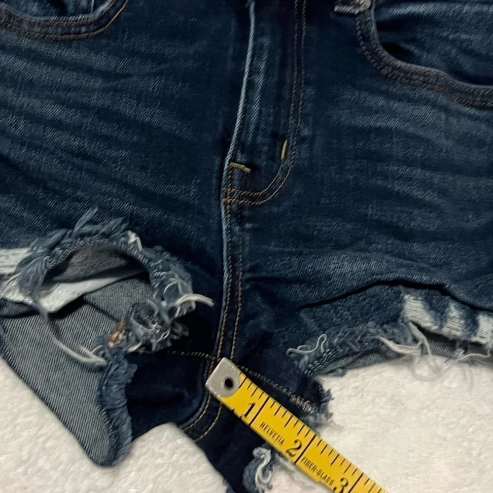 American Eagle High Rise Shortie Dark Wash Distressed Denim Shorts Size 0 Blue